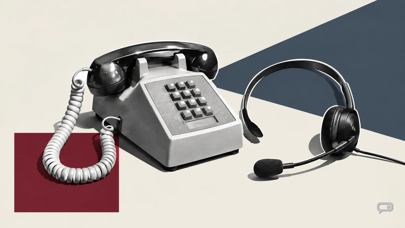 Photomontage of a desk telephone with a headset beside it on putty with a slate diagonal and an oxblood square