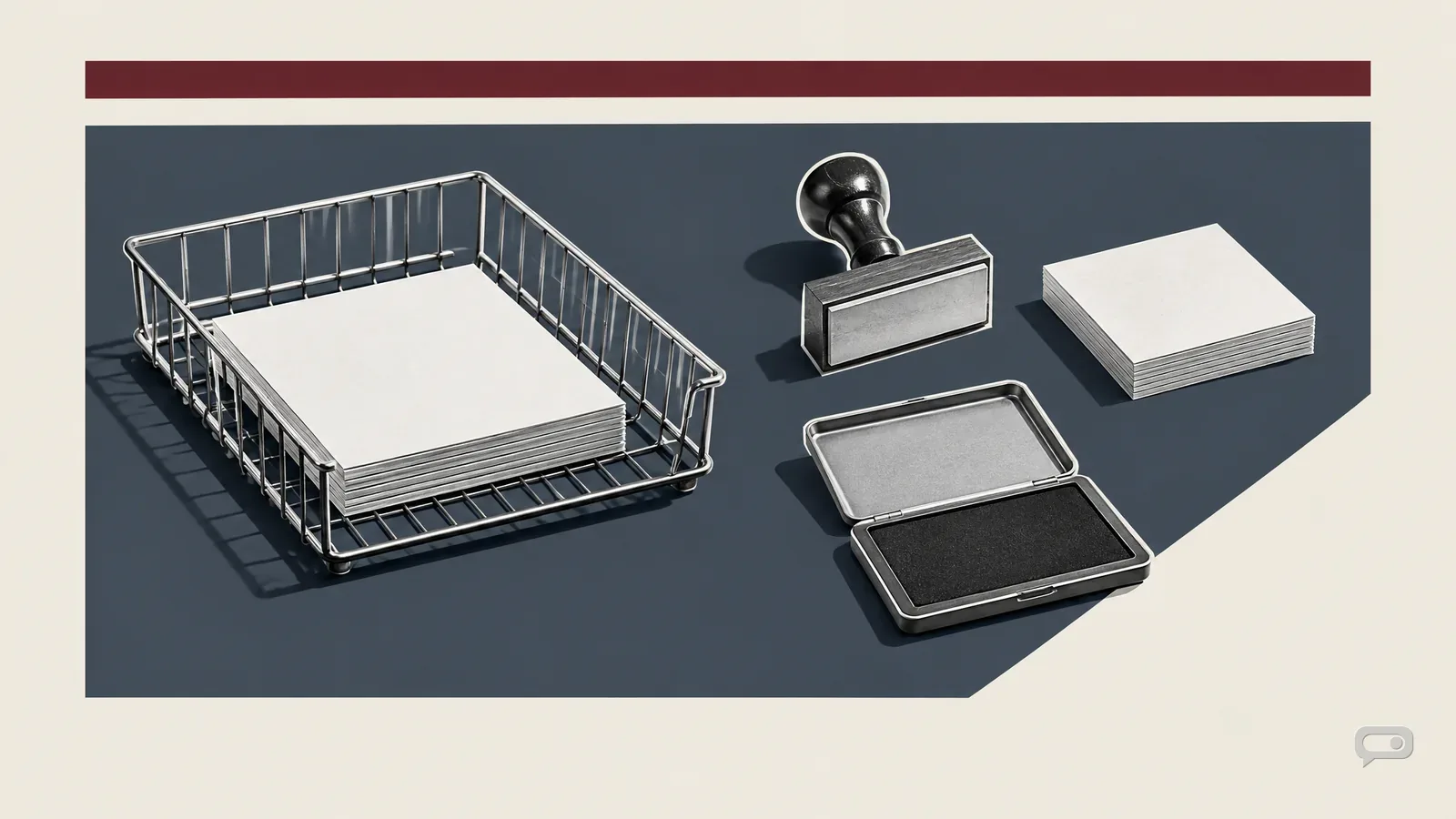 Photomontage of a filing tray, a rubber stamp and ink pad and blank index cards on a slate block with a putty diagonal and an oxblood bar
