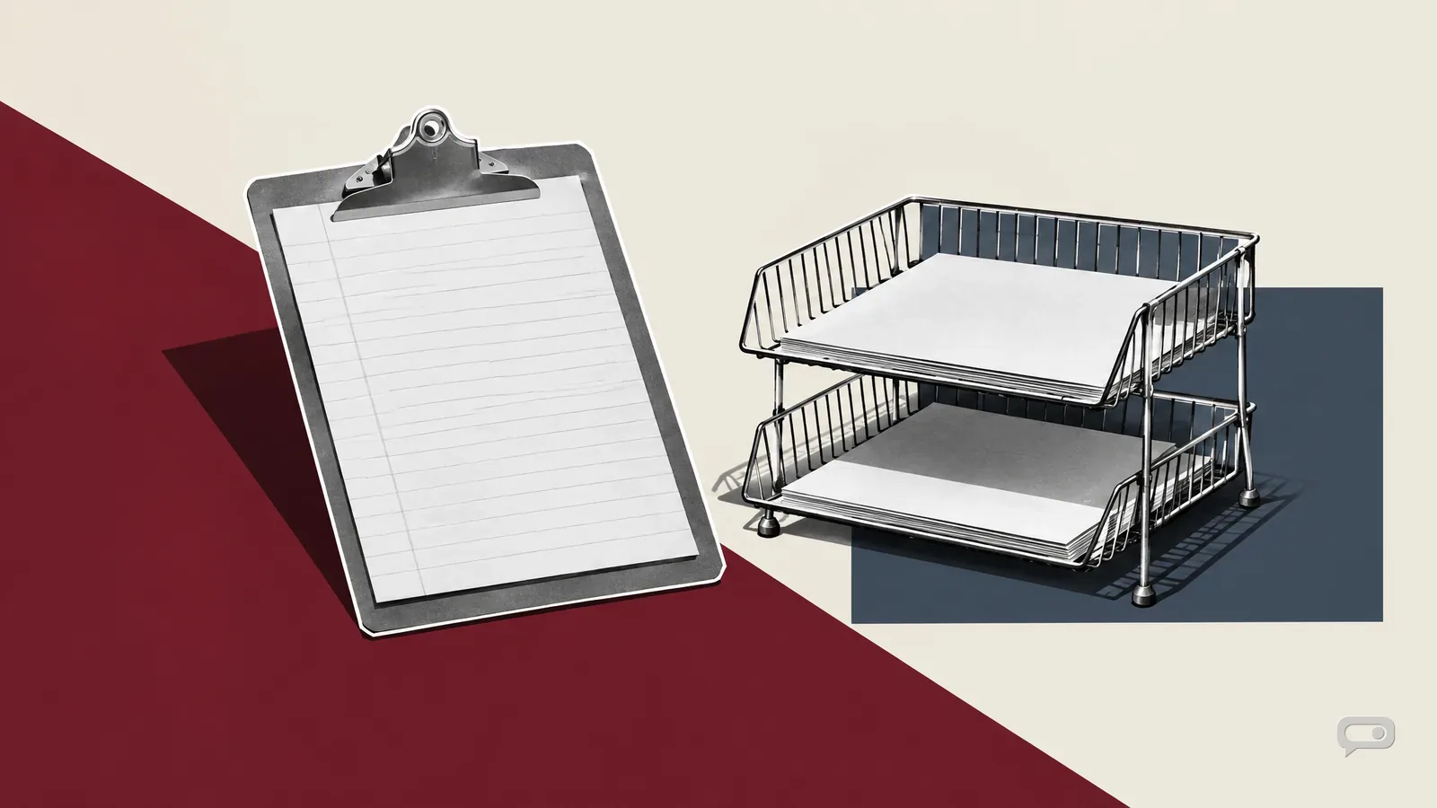 Photomontage of a clipboard beside a two-tier filing tray on putty with an oxblood diagonal and a slate block