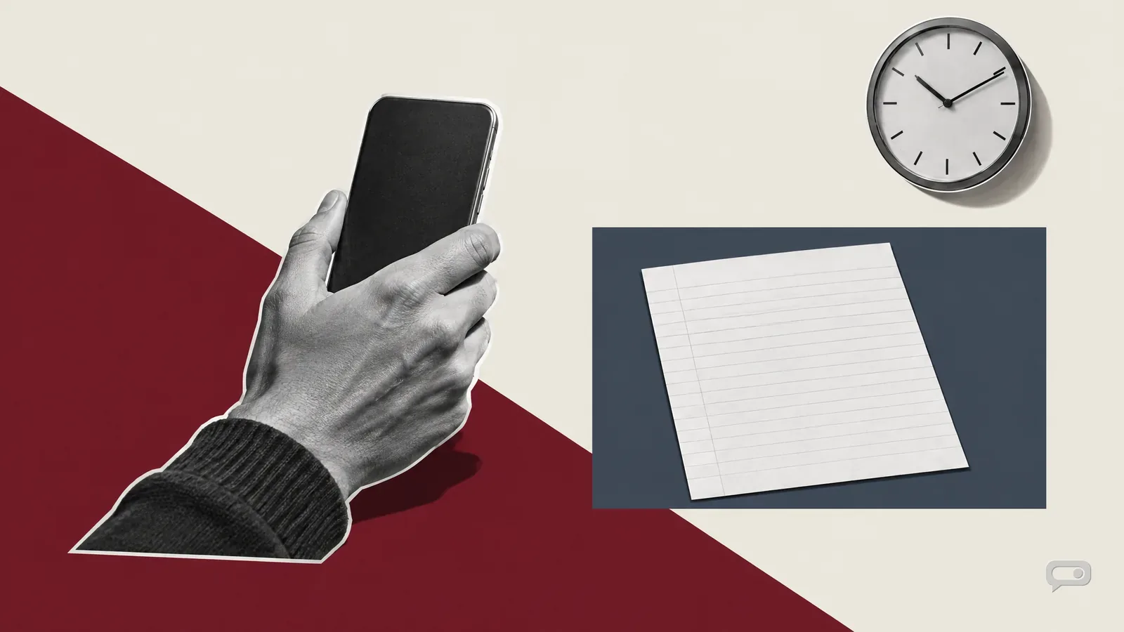 Photomontage of a hand holding a phone from behind beside a blank ruled sheet and a wall clock on putty with an oxblood diagonal and a slate block