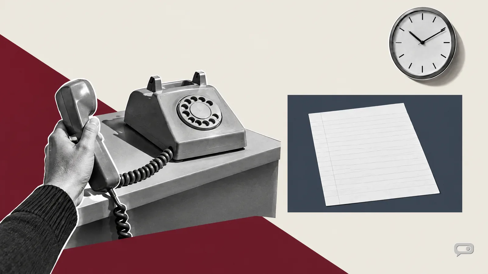 Photomontage of a hand holding a phone from behind resting on a shop counter on putty with an oxblood diagonal and a slate block