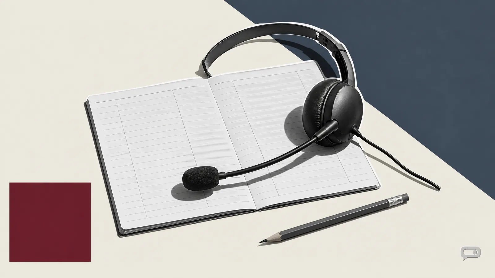 Photomontage of a headset lying on an open ledger with a pencil on putty with a slate diagonal and an oxblood square
