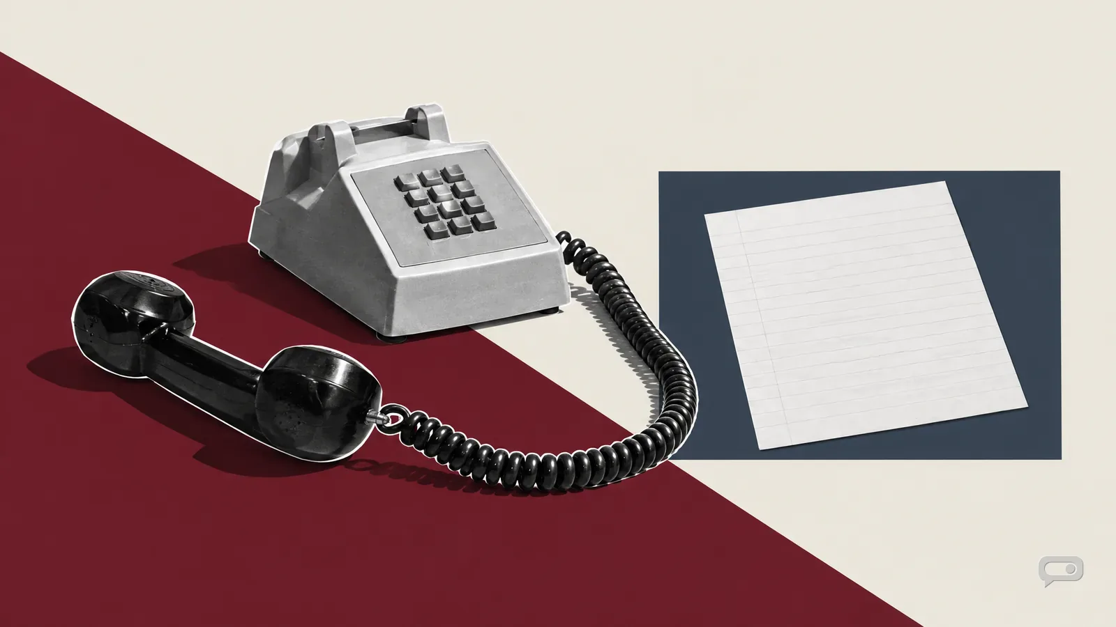 Photomontage of a lifted telephone handset with a coiled cord over a blank ruled sheet on putty with an oxblood diagonal and a slate block