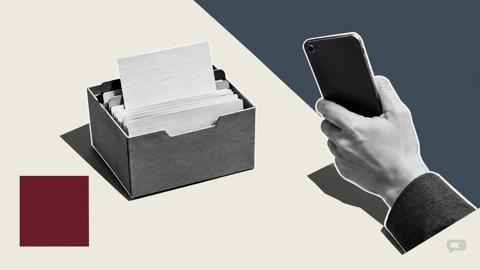Photomontage of a card index box with one card lifted and a hand holding a phone from behind on putty with a slate diagonal and an oxblood square