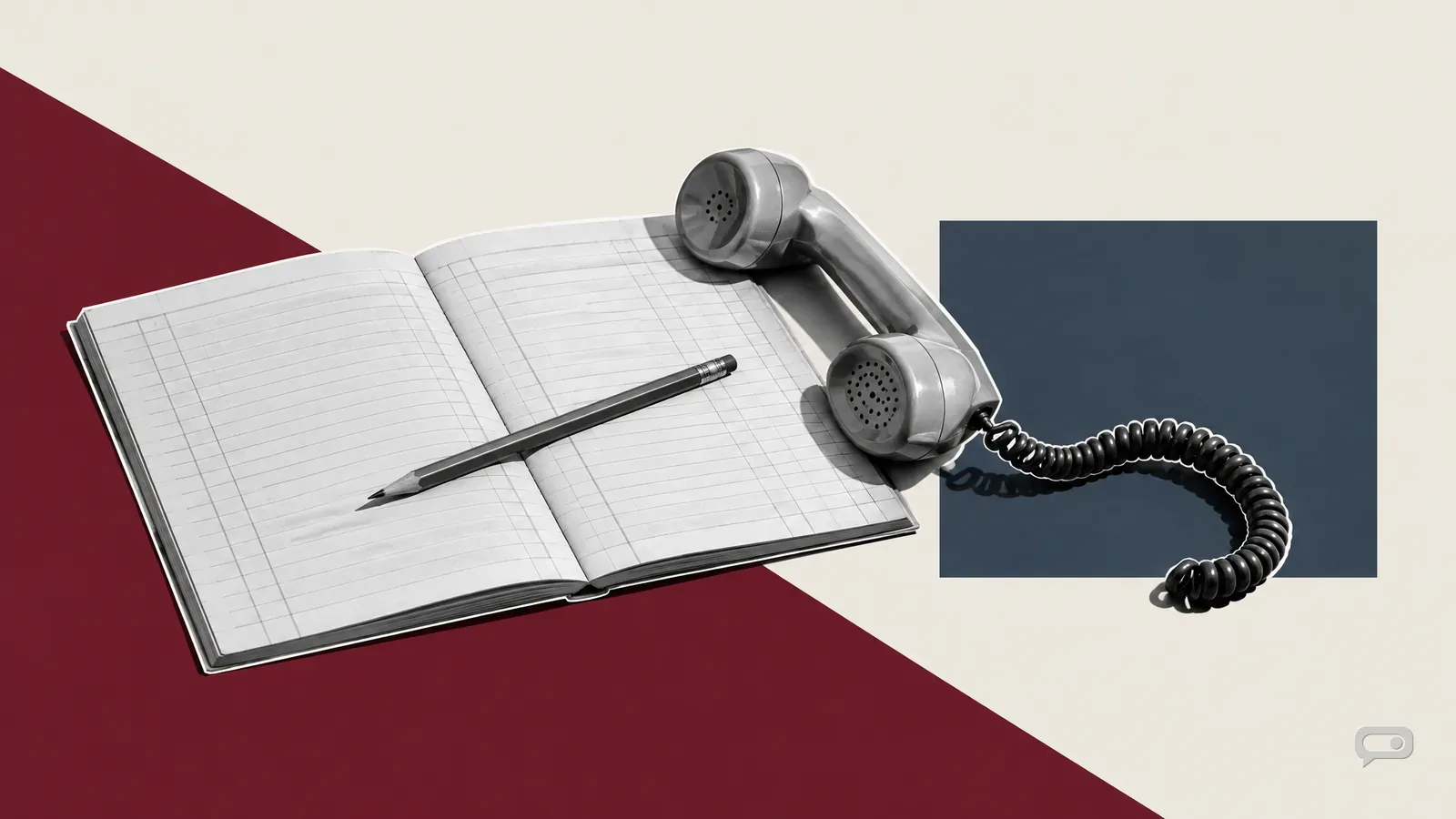 Photomontage of an open ledger with a pencil along one row and a telephone handset on putty with an oxblood diagonal and a slate block