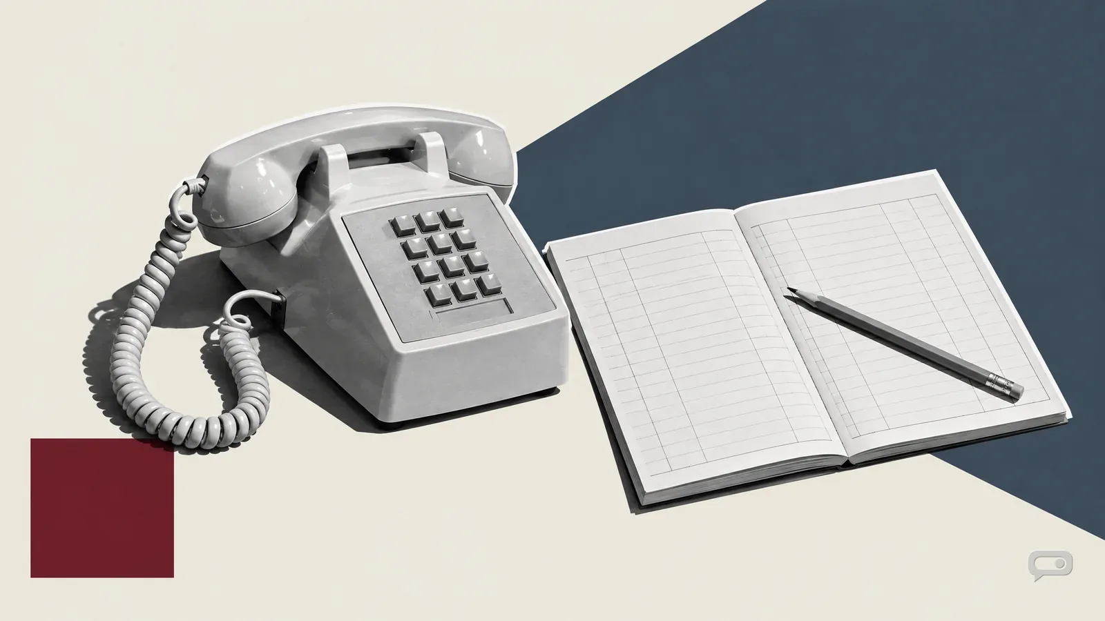 Photomontage of a push-button desk telephone beside a pencil on an open ledger on putty with a slate diagonal and an oxblood square