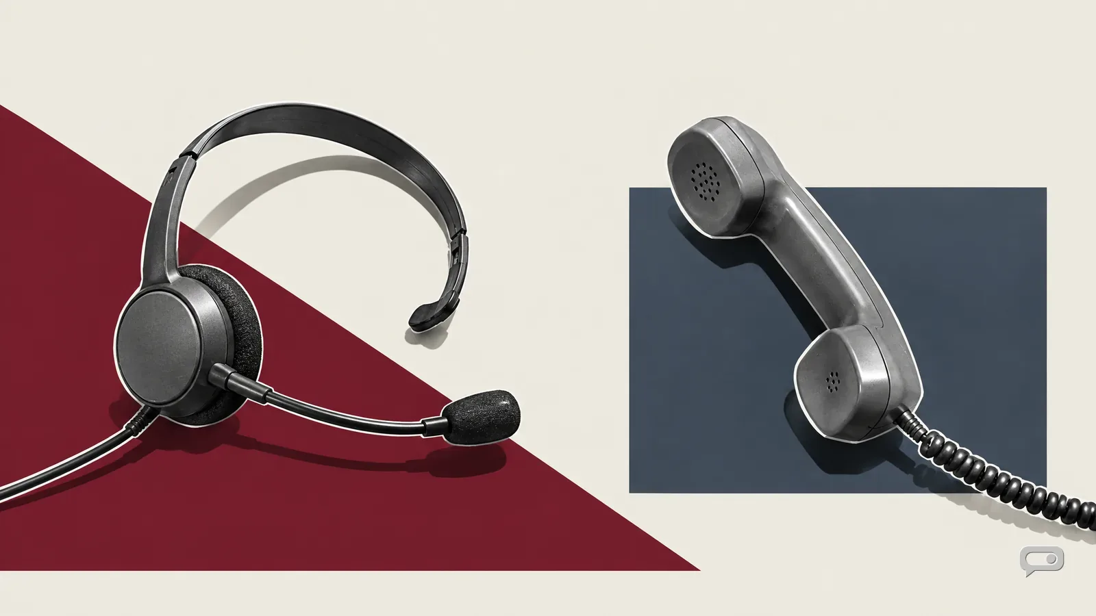 Photomontage of a headset and a separate telephone handset lying apart, each with its own cord, on putty with an oxblood diagonal and a slate block