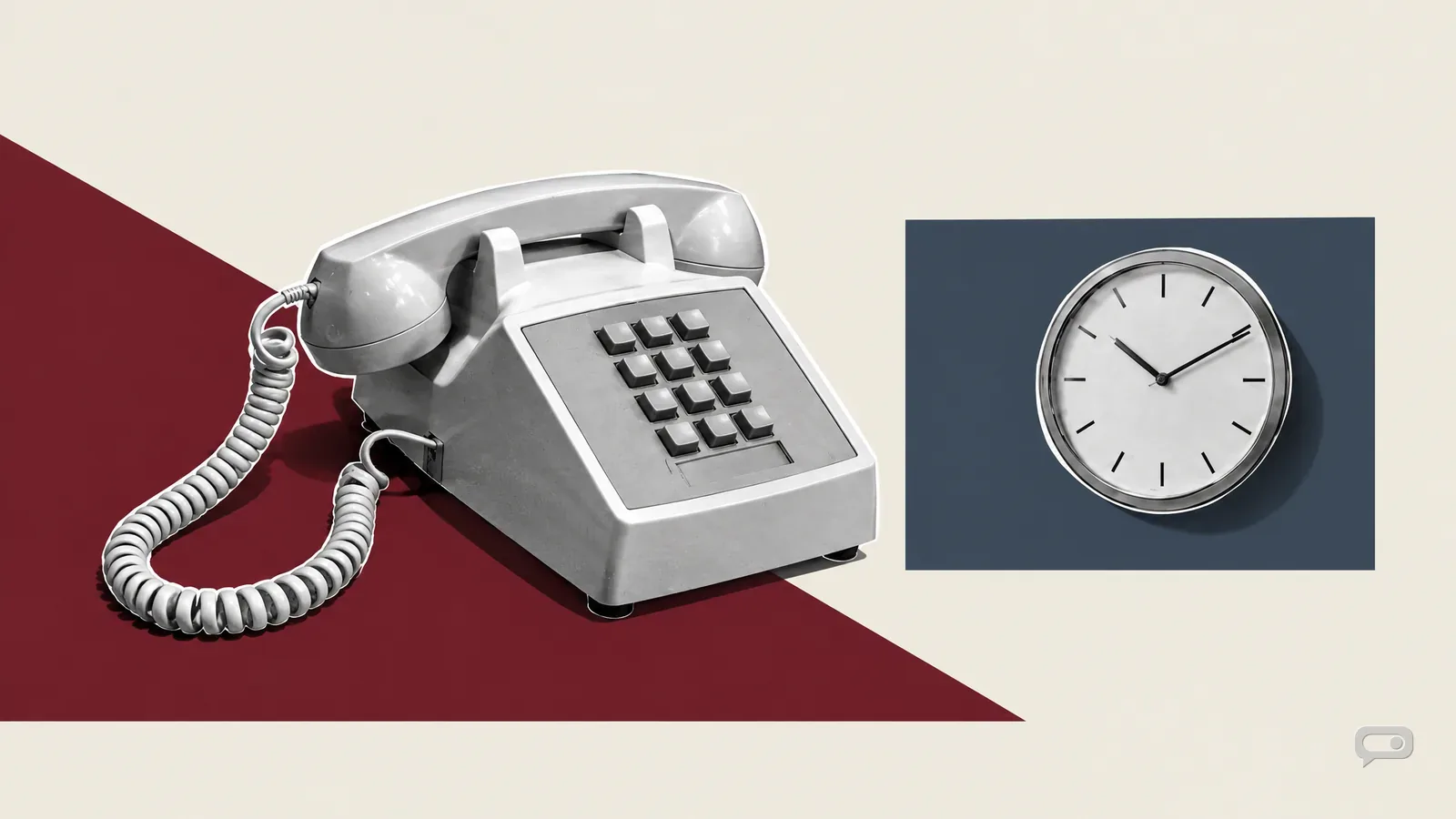 Photomontage of a desk telephone beside a blank-faced desk clock on putty with an oxblood diagonal and a slate block