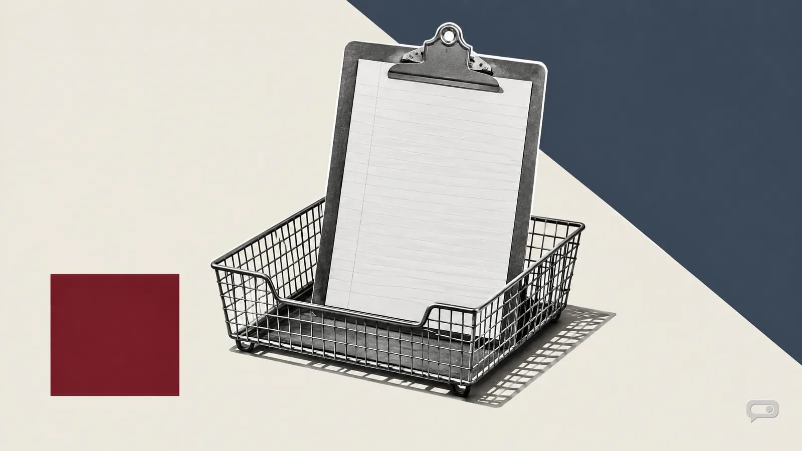 Photomontage of a clipboard standing in a wire filing tray on putty with a slate diagonal and an oxblood square