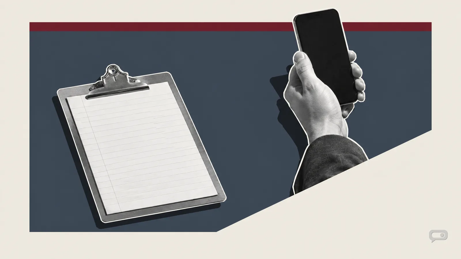 Photomontage of a hand holding a phone from behind above a clipboard on a slate block with a putty diagonal and an oxblood bar