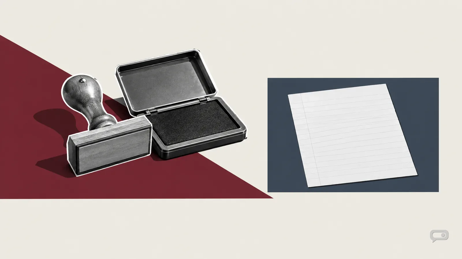 Photomontage of a rubber stamp and ink pad beside a blank ruled sheet on putty with an oxblood diagonal and a slate block