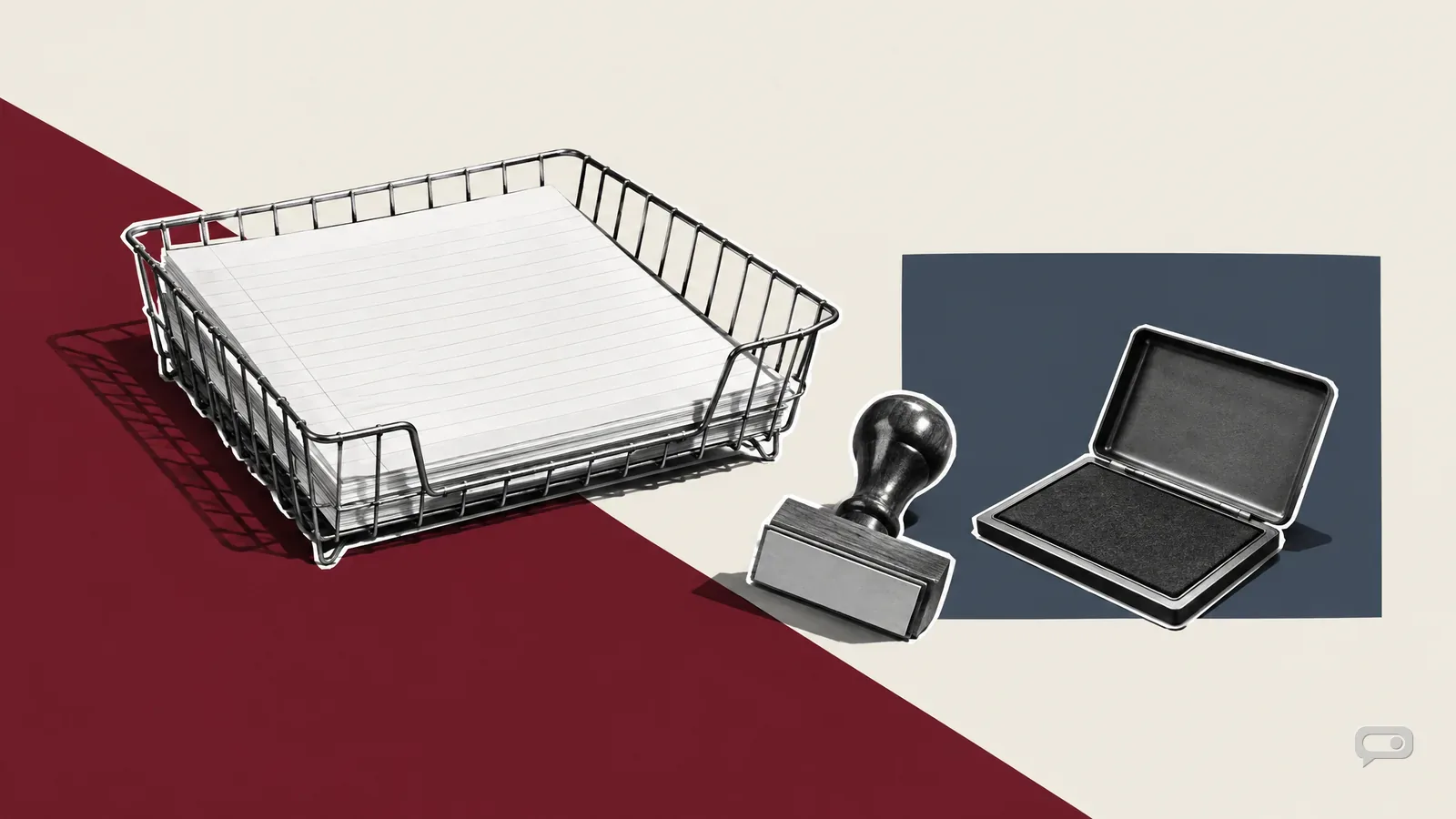 Photomontage of a filing tray of blank sheets with a rubber stamp and ink pad on putty with an oxblood diagonal and a slate block