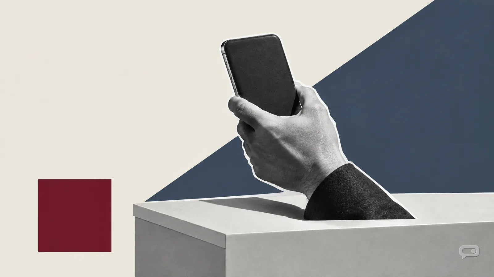 Photomontage of a hand holding a phone from behind above a shop counter on putty with a slate diagonal and an oxblood square