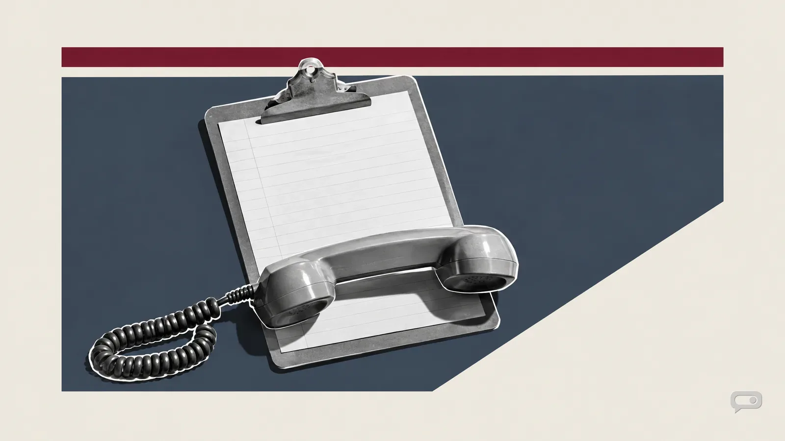 Photomontage of a clipboard with a telephone handset laid across it on a slate block with a putty diagonal and an oxblood bar