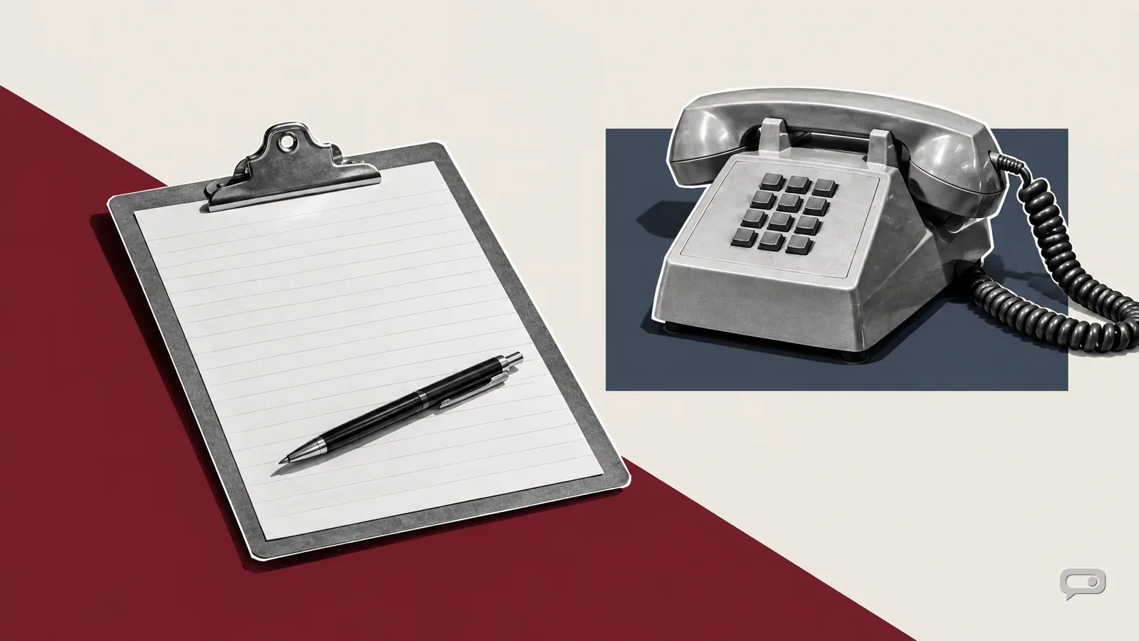 Photomontage of a clipboard with a blank sign-up sheet and a pen on a counter beside a desk telephone, on putty with an oxblood diagonal and a slate block