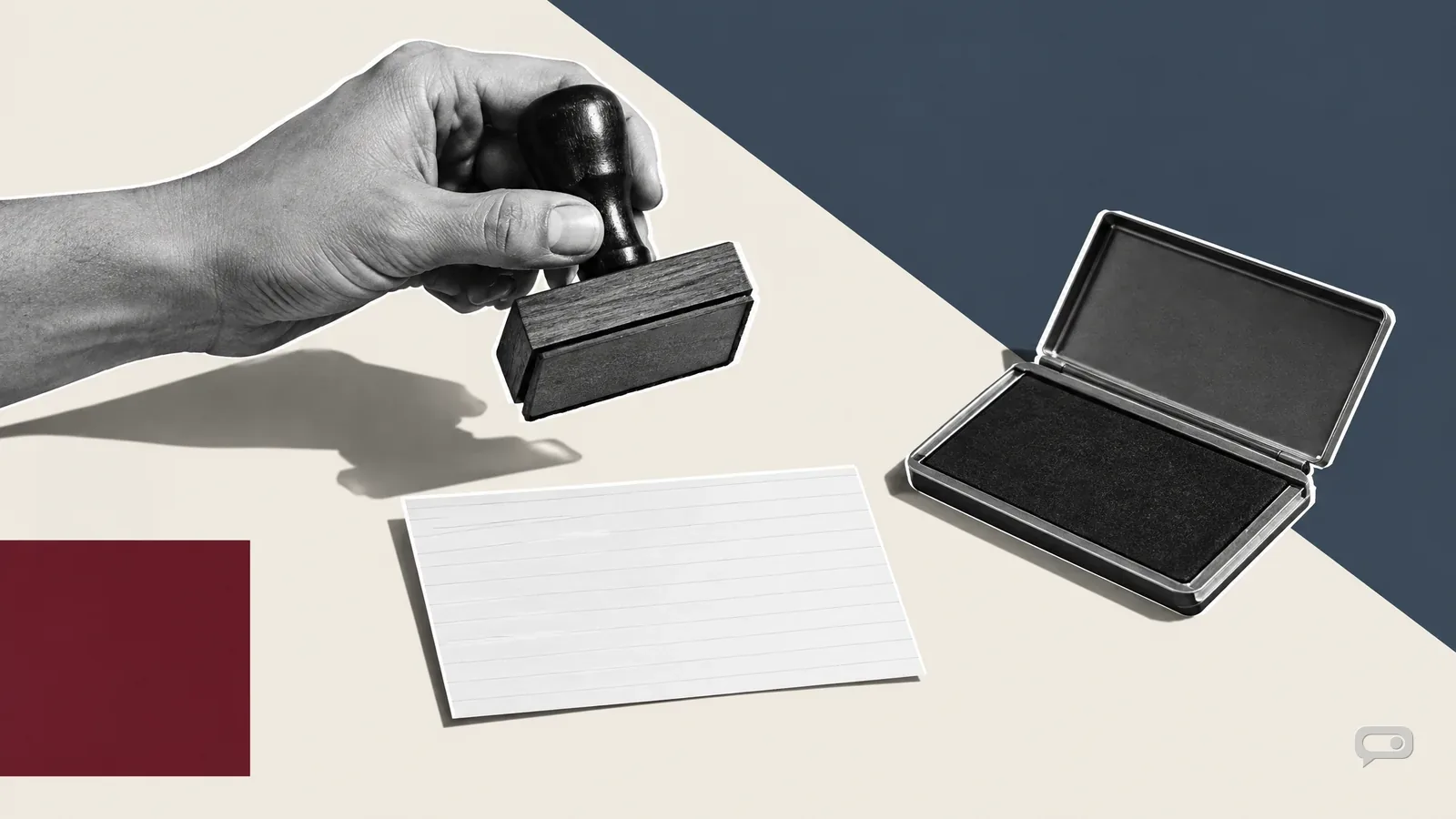 Photomontage of a rubber stamp above a blank index card with an ink pad on putty with a slate diagonal and an oxblood square
