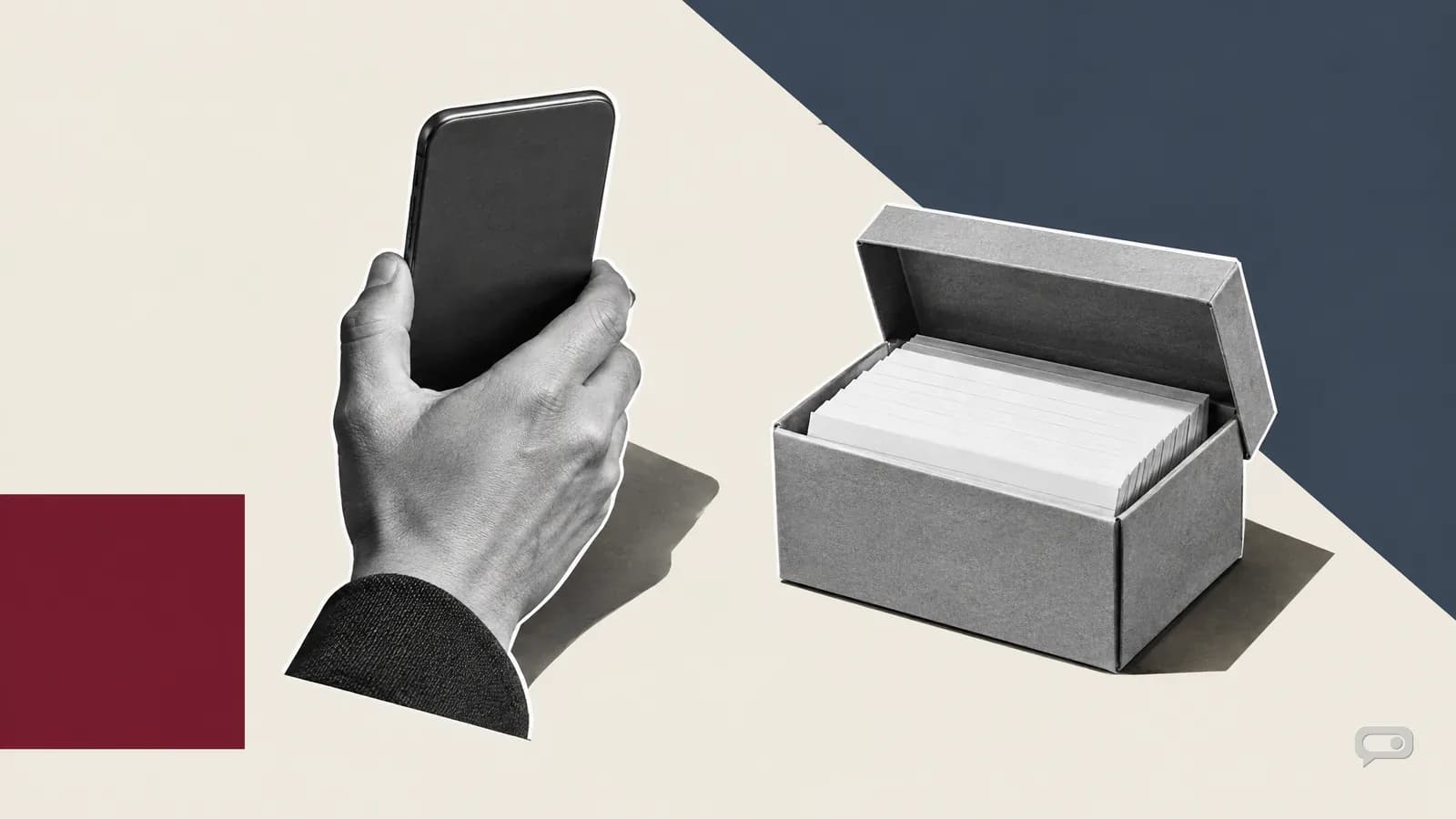 Photomontage of a hand holding a phone from behind beside a box of blank index cards on putty with a slate diagonal and an oxblood square
