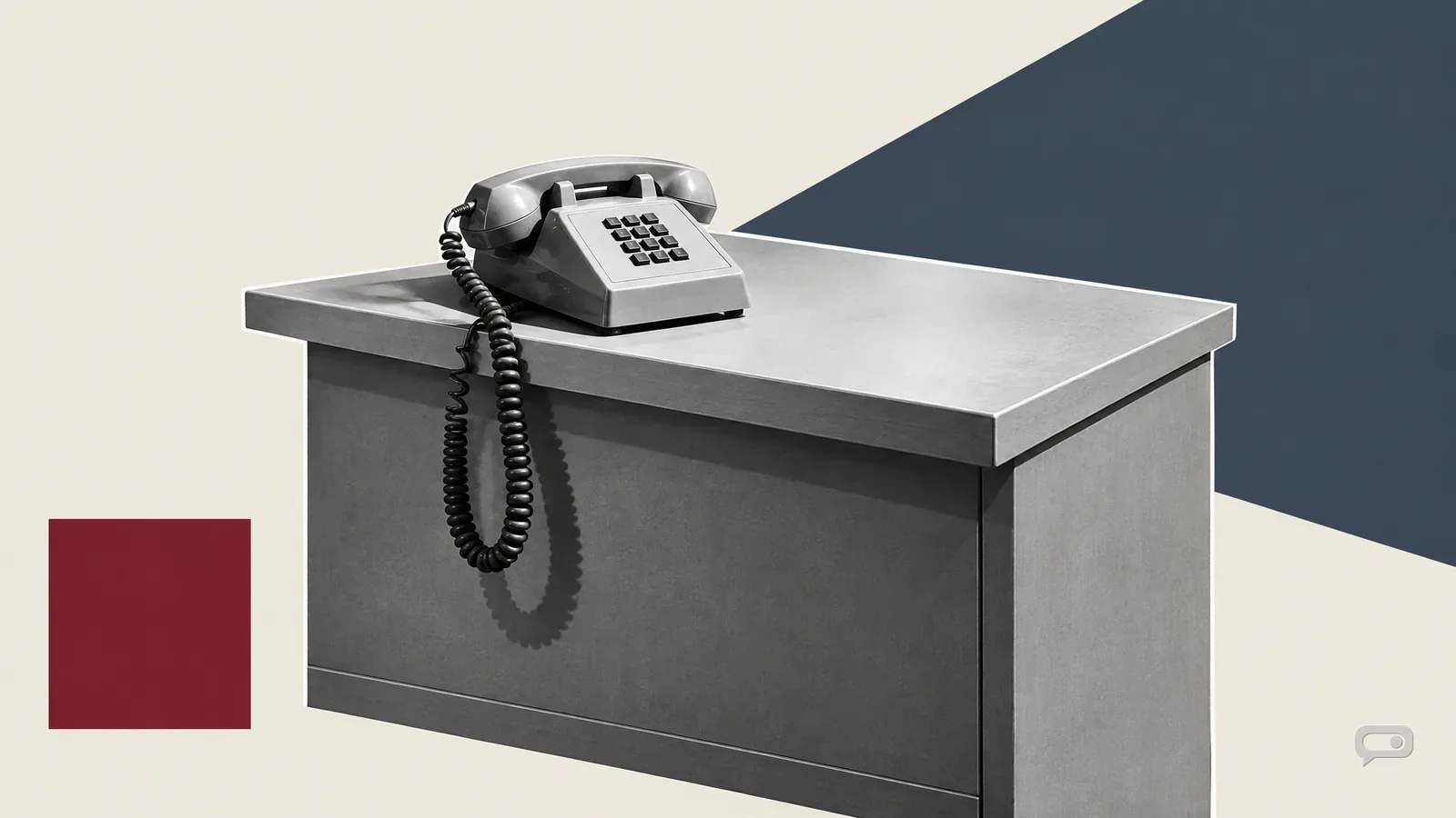 Photomontage of a desk telephone on a shop counter with its cord hanging over the edge on putty with a slate diagonal and an oxblood square