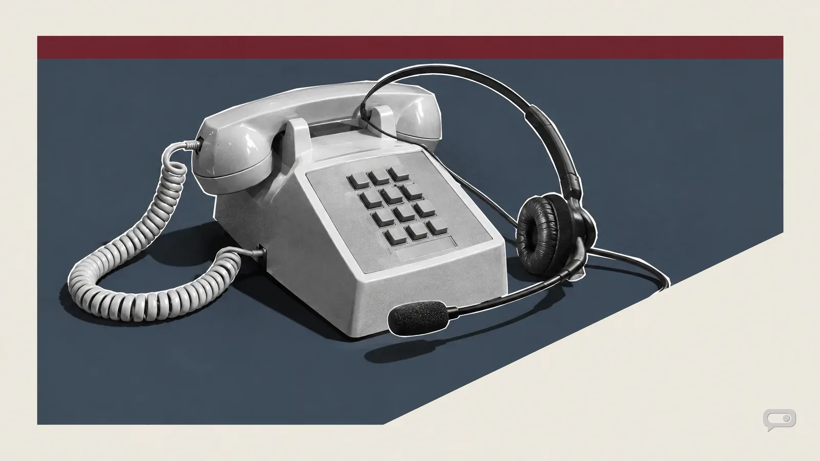 Photomontage of a push-button desk telephone with a headset lying across it on a slate block with a putty diagonal and an oxblood bar