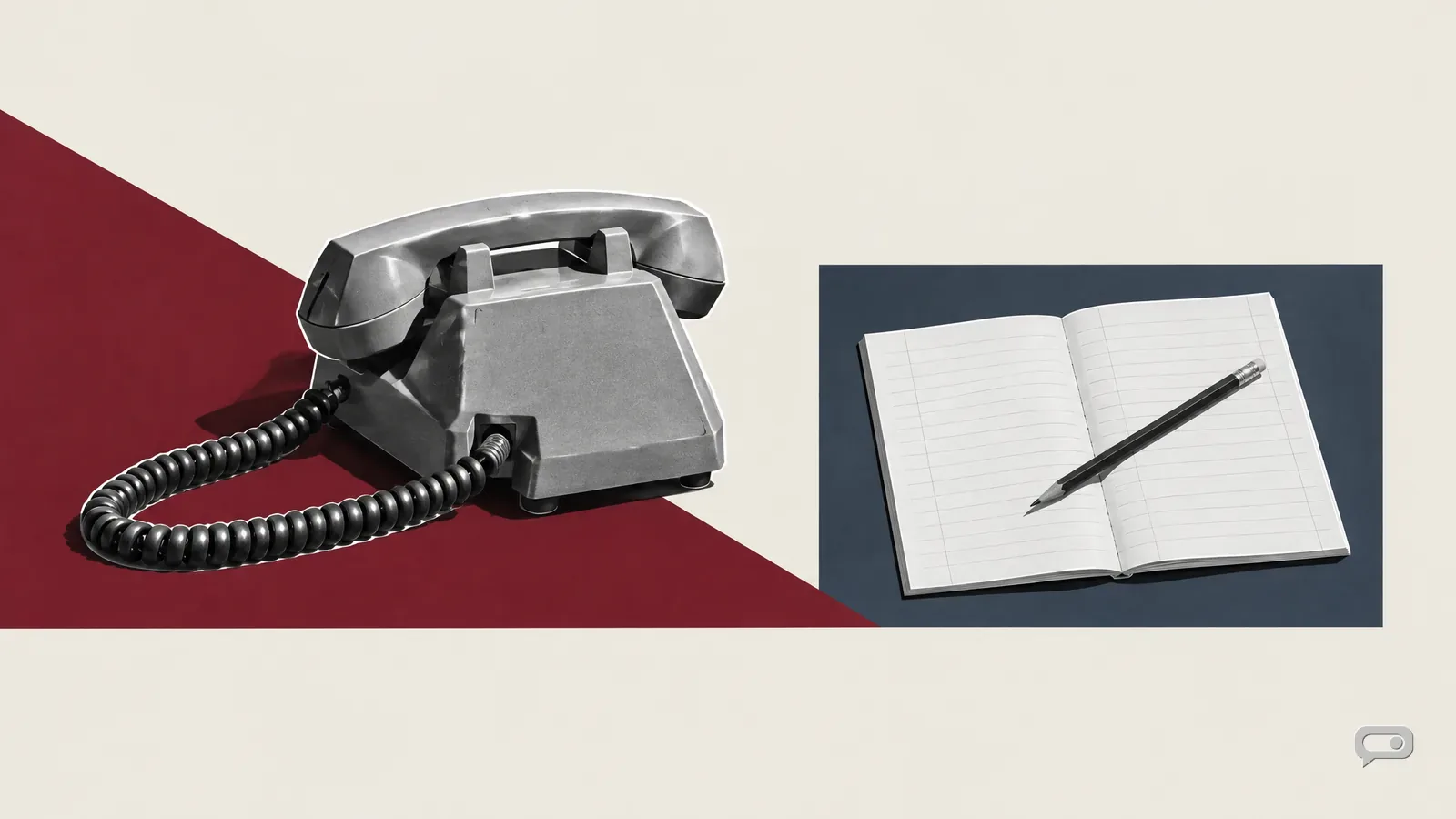 Photomontage of a desk phone seen from the back beside an open blank ledger and a pencil on putty with an oxblood diagonal and a slate block