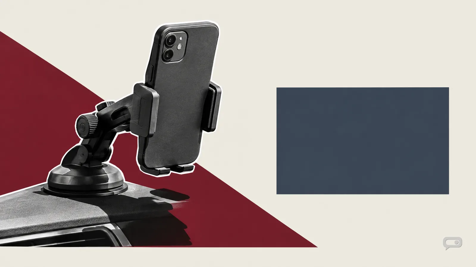 Photomontage of a phone in a van dashboard mount, seen from behind on putty with an oxblood diagonal and a slate block