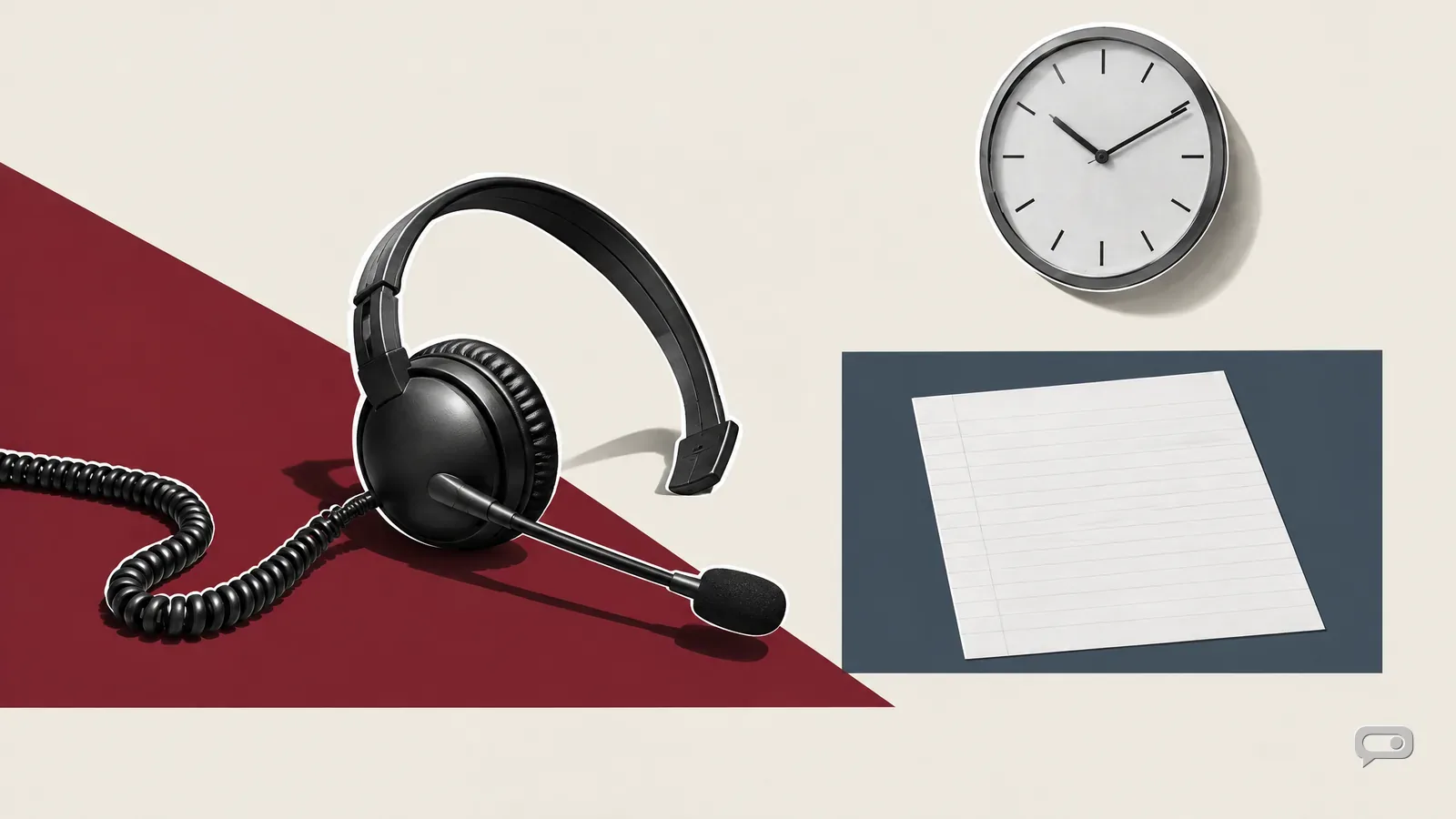 Photomontage of a headset beneath a blank-faced wall clock on putty with an oxblood diagonal and a slate block