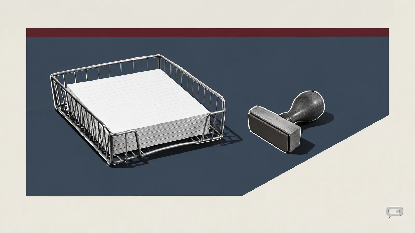 Photomontage of a wire filing tray of blank index cards and a rubber stamp on a slate block with a putty diagonal and an oxblood bar
