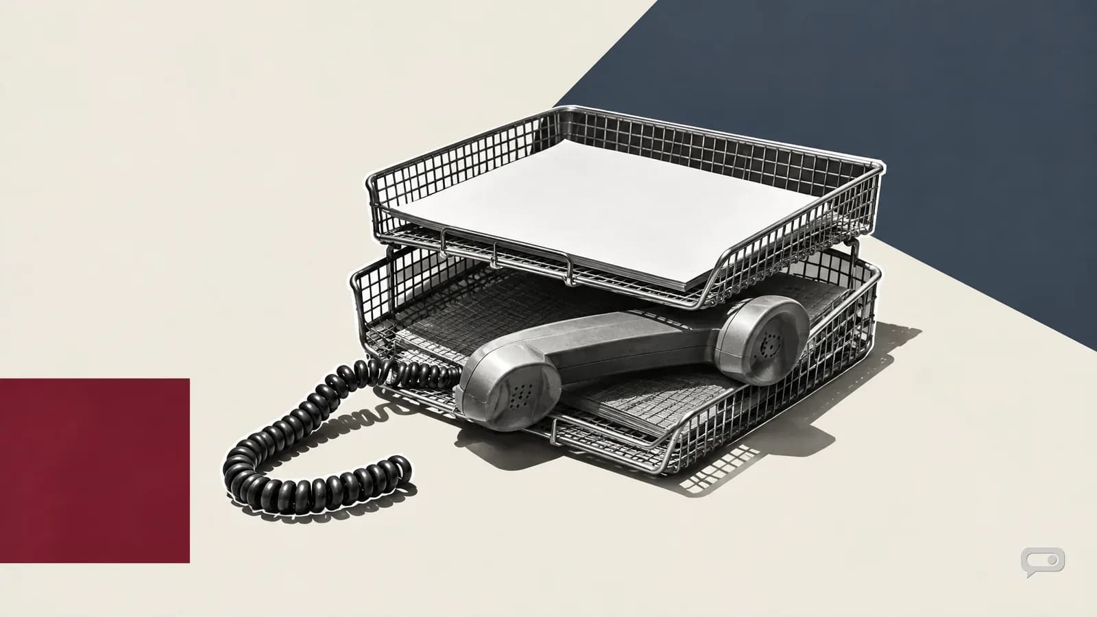 Photomontage of two stacked filing trays with a telephone handset on putty with a slate diagonal and an oxblood square