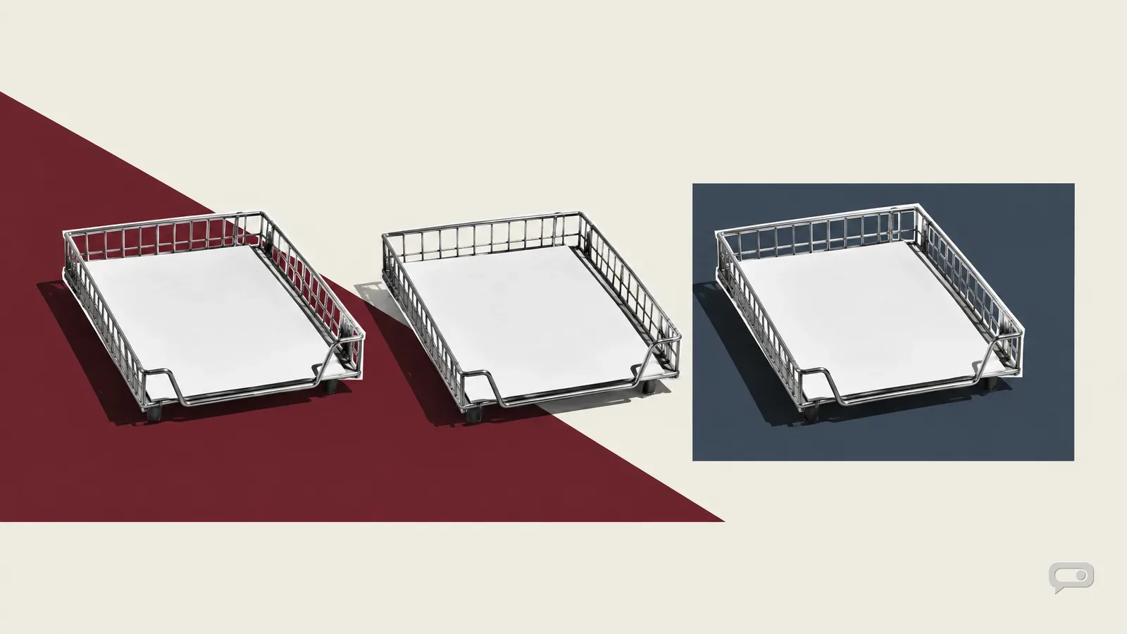 Photomontage of three filing trays side by side with one blank sheet each on putty with an oxblood diagonal and a slate block