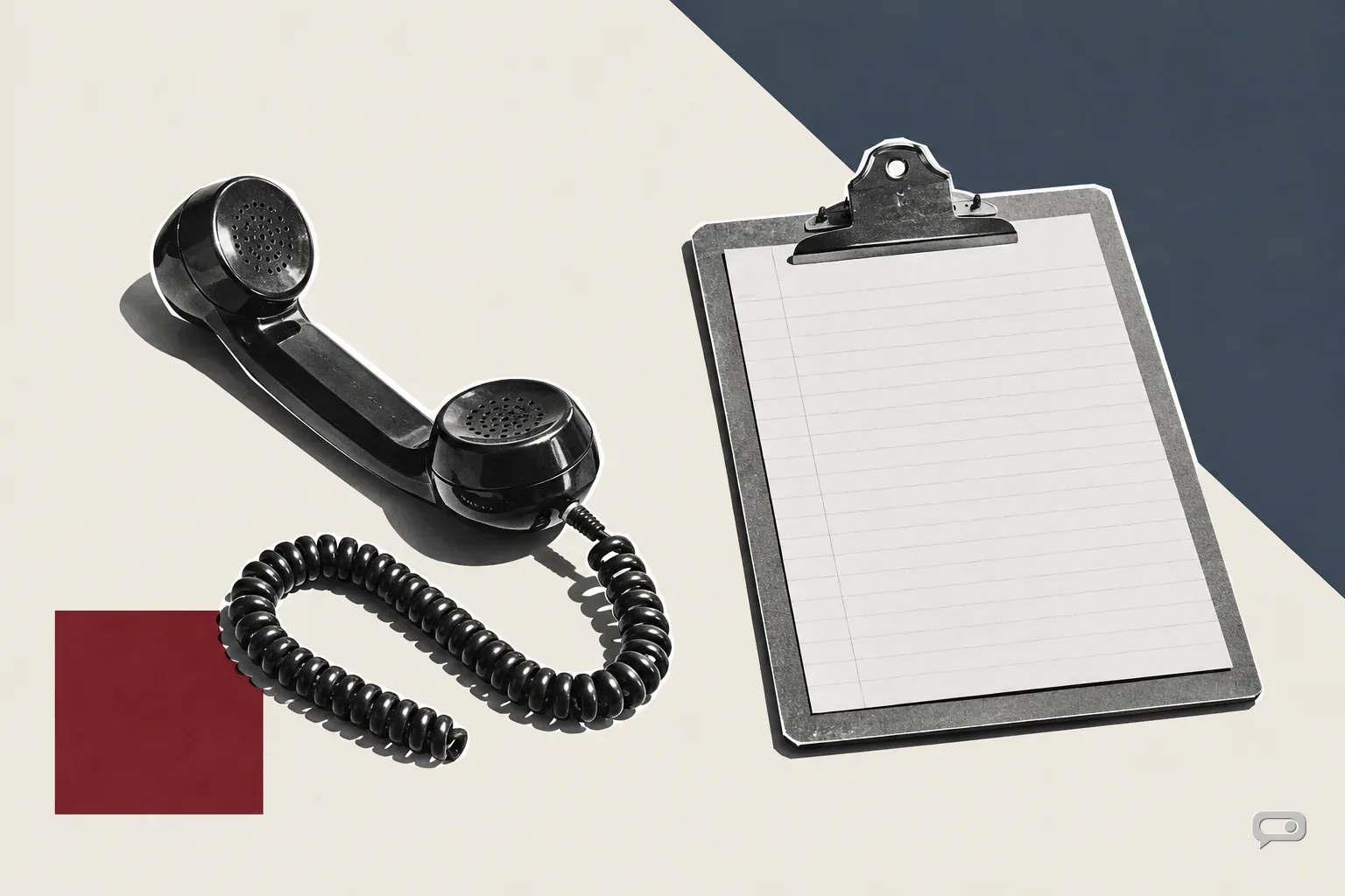 Photomontage of a clipboard beside a desk telephone on putty with a slate diagonal and an oxblood square