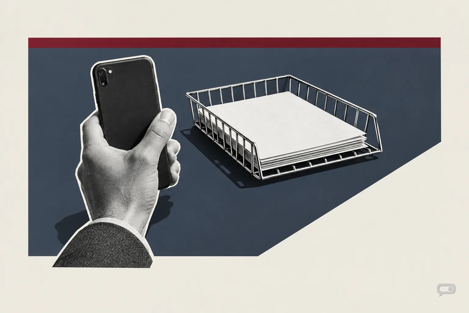 Photomontage of a hand holding a phone from behind beside a filing tray on a slate block with a putty diagonal and an oxblood bar