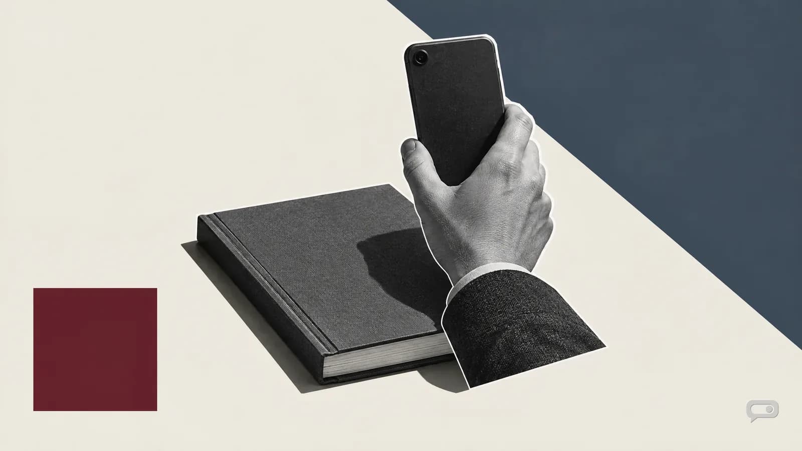 Photomontage of a hand holding a phone from behind above a closed ledger on putty with a slate diagonal and an oxblood square