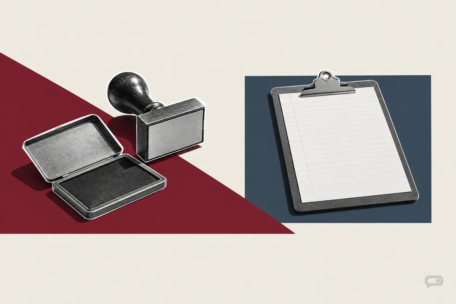 Photomontage of a rubber stamp and ink pad beside a clipboard on putty with an oxblood diagonal and a slate block