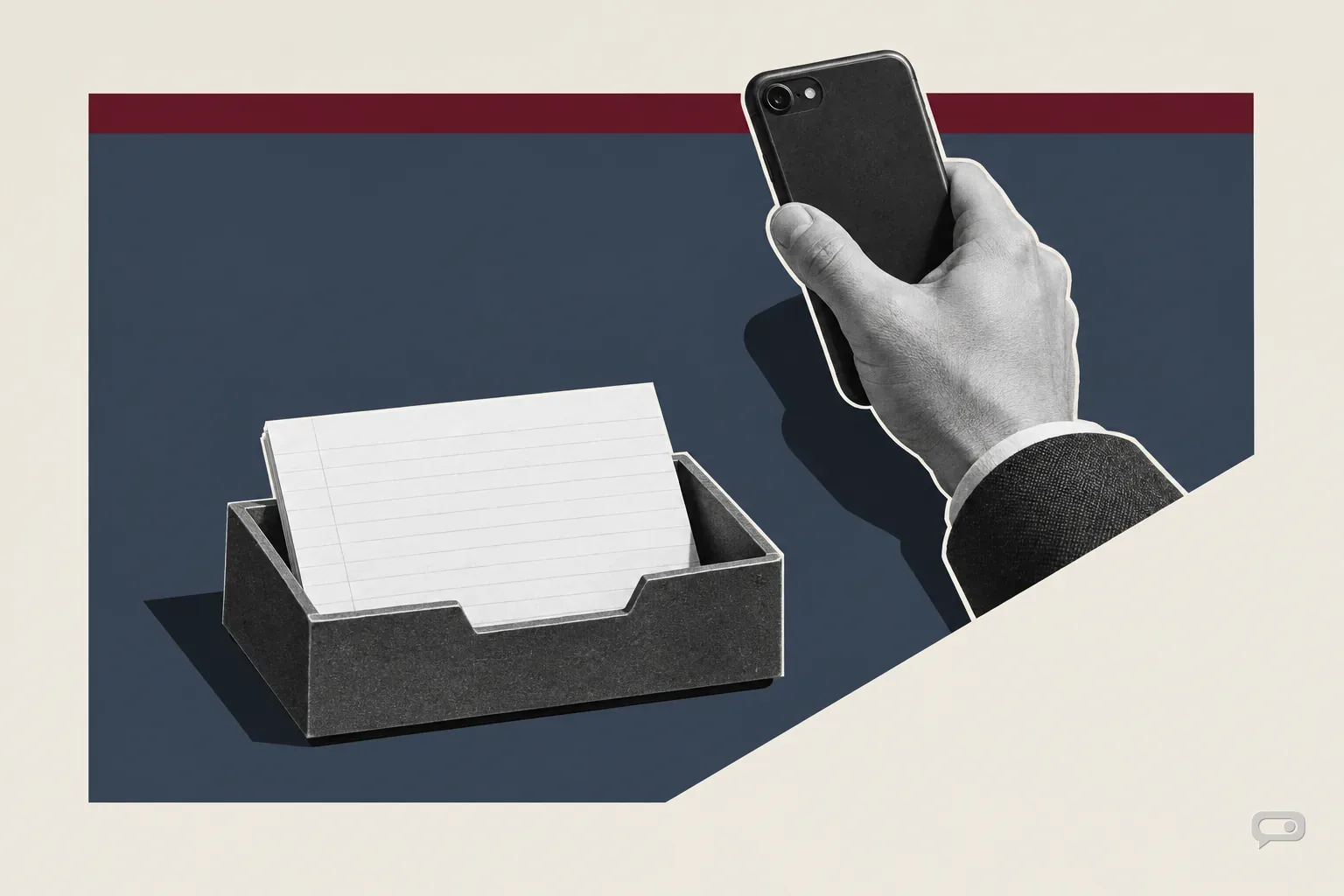 Photomontage of a hand holding a phone from behind above an index card in a filing tray on a slate block with a putty diagonal and an oxblood bar