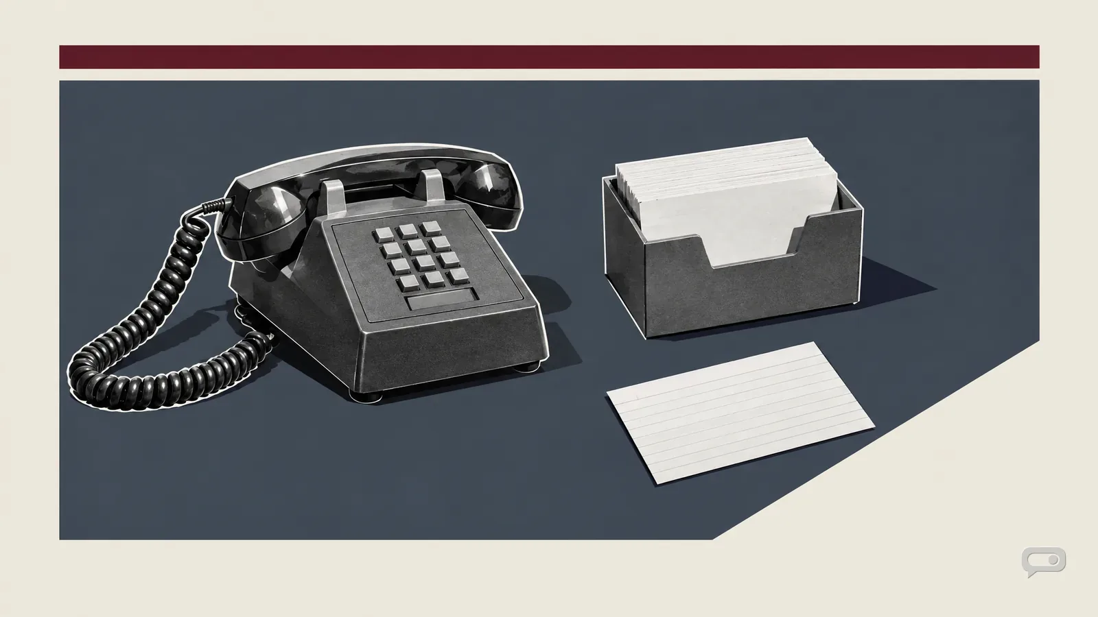Photomontage of a desk telephone beside a box of blank index cards with one card set aside on a slate block with a putty diagonal and an oxblood bar