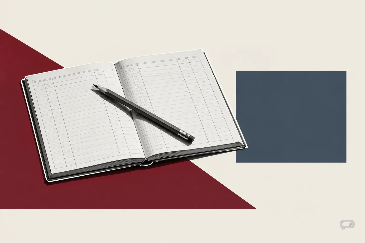 Photomontage of a pencil on an open ledger on putty with an oxblood diagonal and a slate block