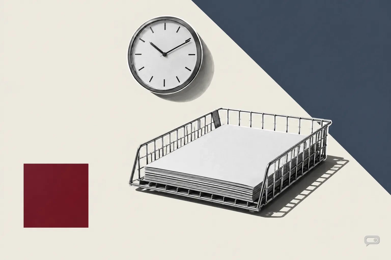Photomontage of a wall clock above a filing tray on putty with a slate diagonal and an oxblood square