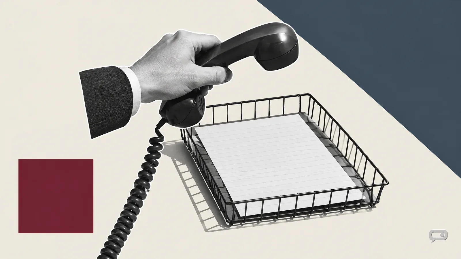Photomontage of a lifted telephone handset above a filing tray with one blank form on putty with a slate diagonal and an oxblood square