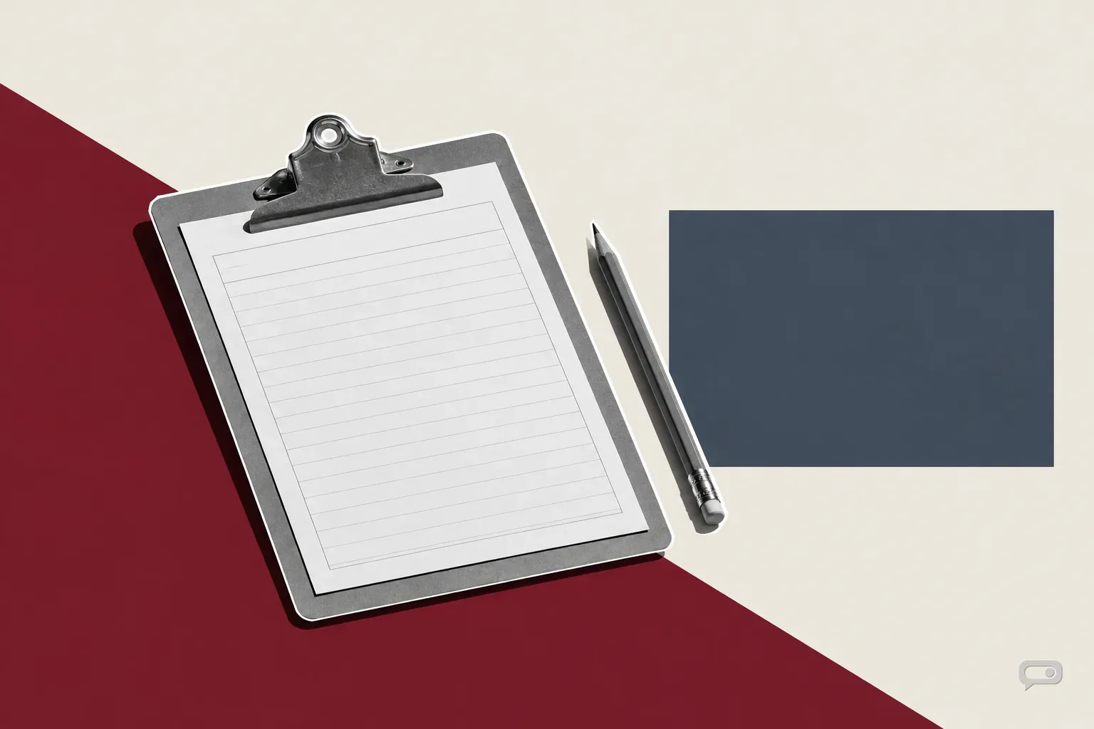 Photomontage of a clipboard with a blank form and a pencil on putty with an oxblood diagonal and a slate block