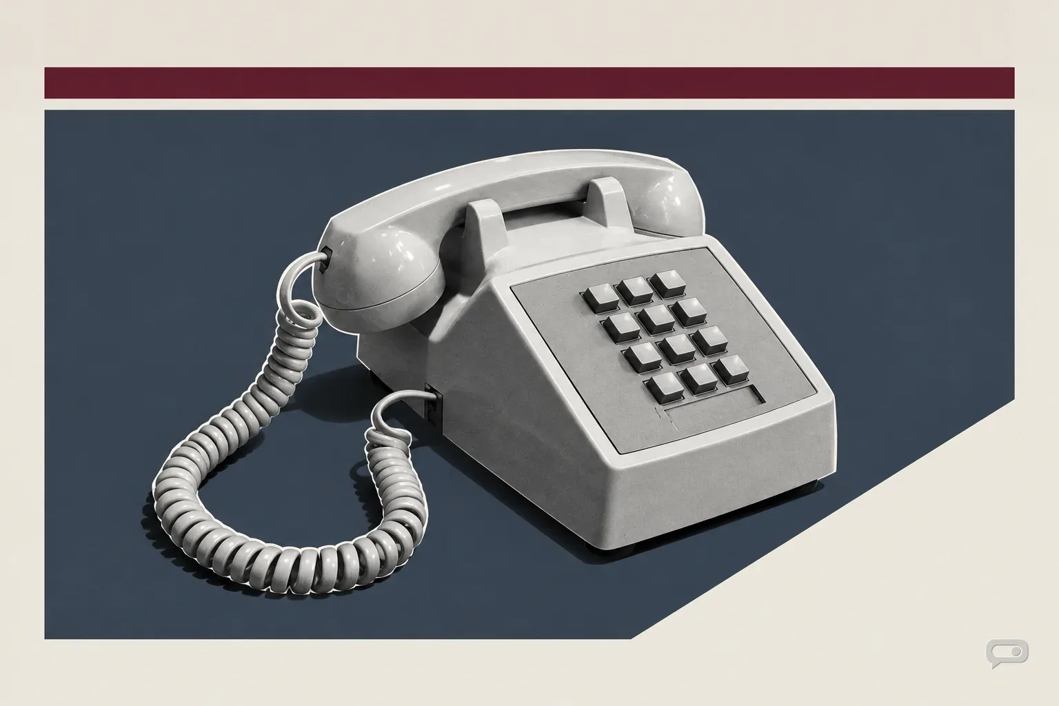 Photomontage of a desk telephone with its coiled cord looping forward on a slate block with a putty diagonal and an oxblood bar