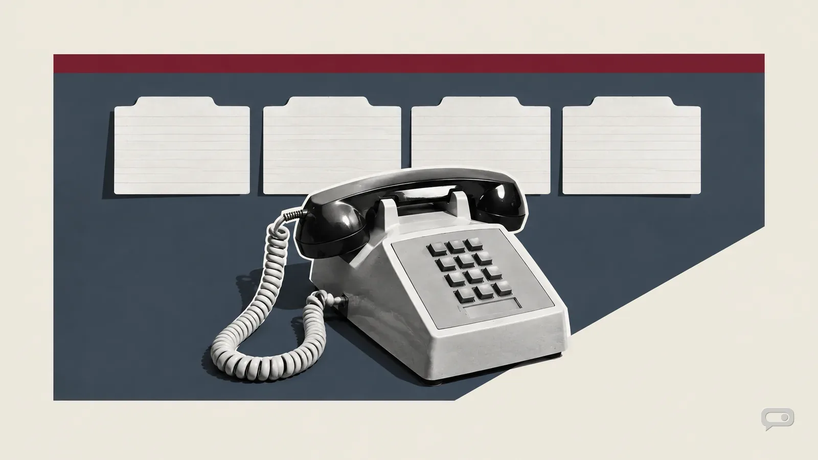 Photomontage of a row of blank index cards behind a desk telephone on a slate block with a putty diagonal and an oxblood bar
