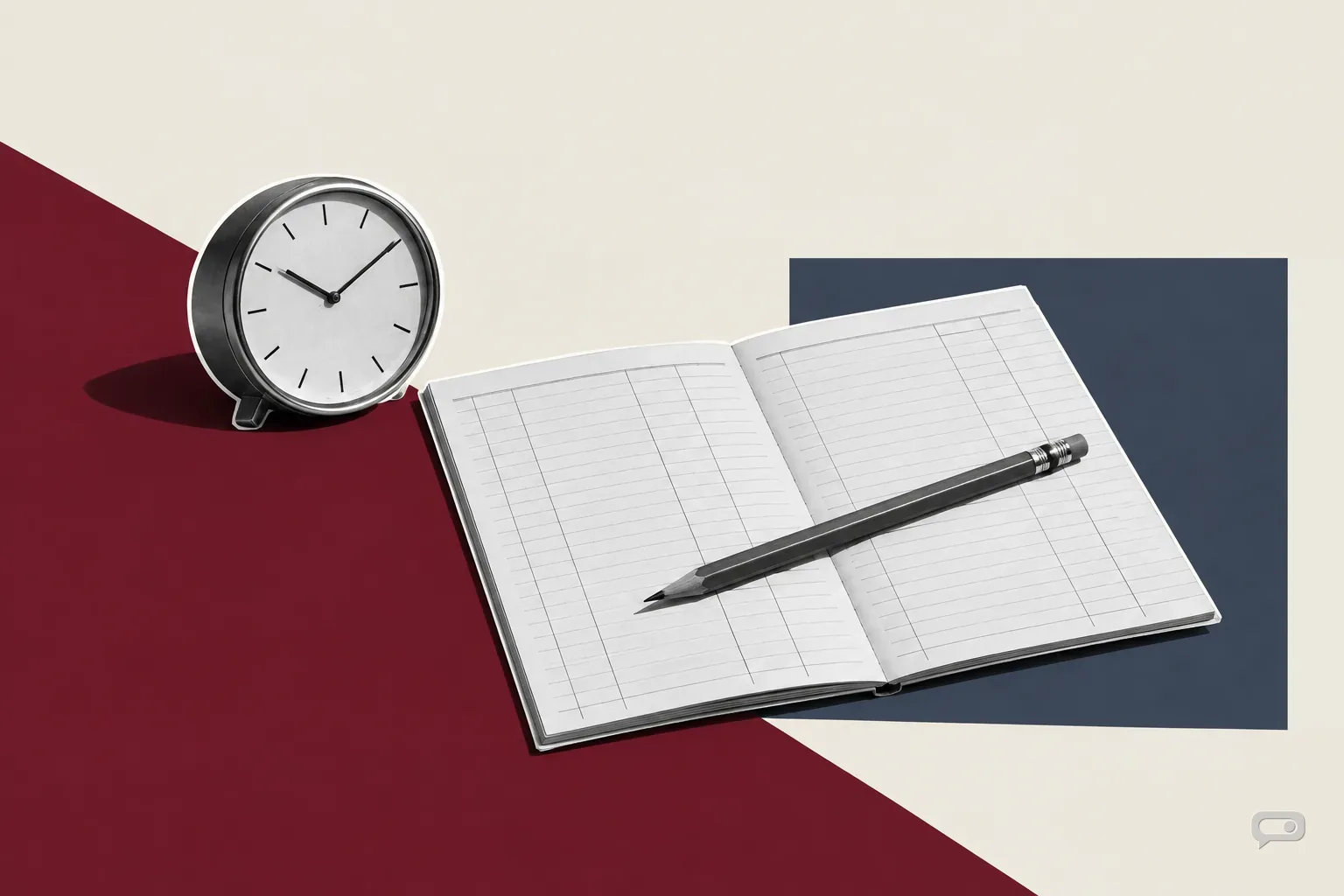 Photomontage of a desk clock beside a pencil on an open ledger on putty with an oxblood diagonal and a slate block