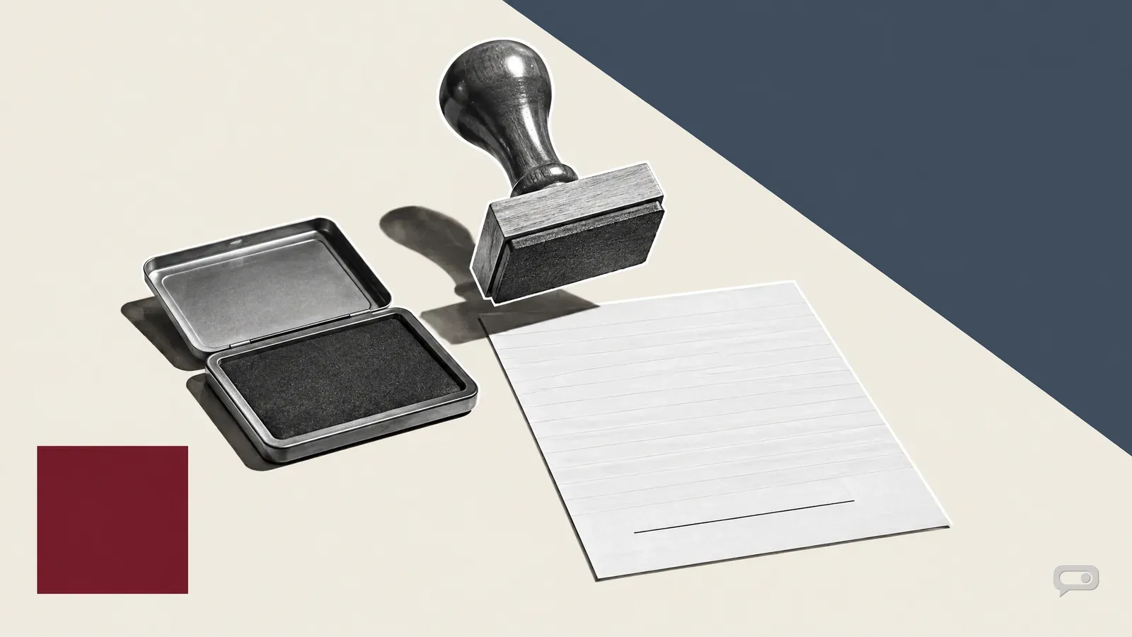 Photomontage of a rubber stamp poised above a blank sheet with an ink pad on putty with a slate diagonal and an oxblood square