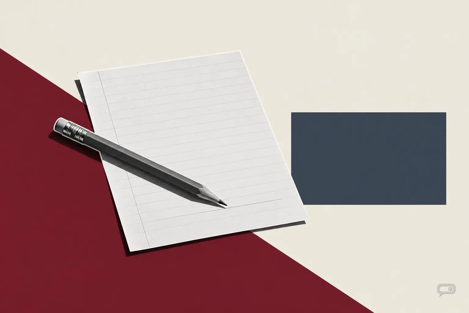 Photomontage of a pencil on the empty signature line of a blank sheet on putty with an oxblood diagonal and a slate block