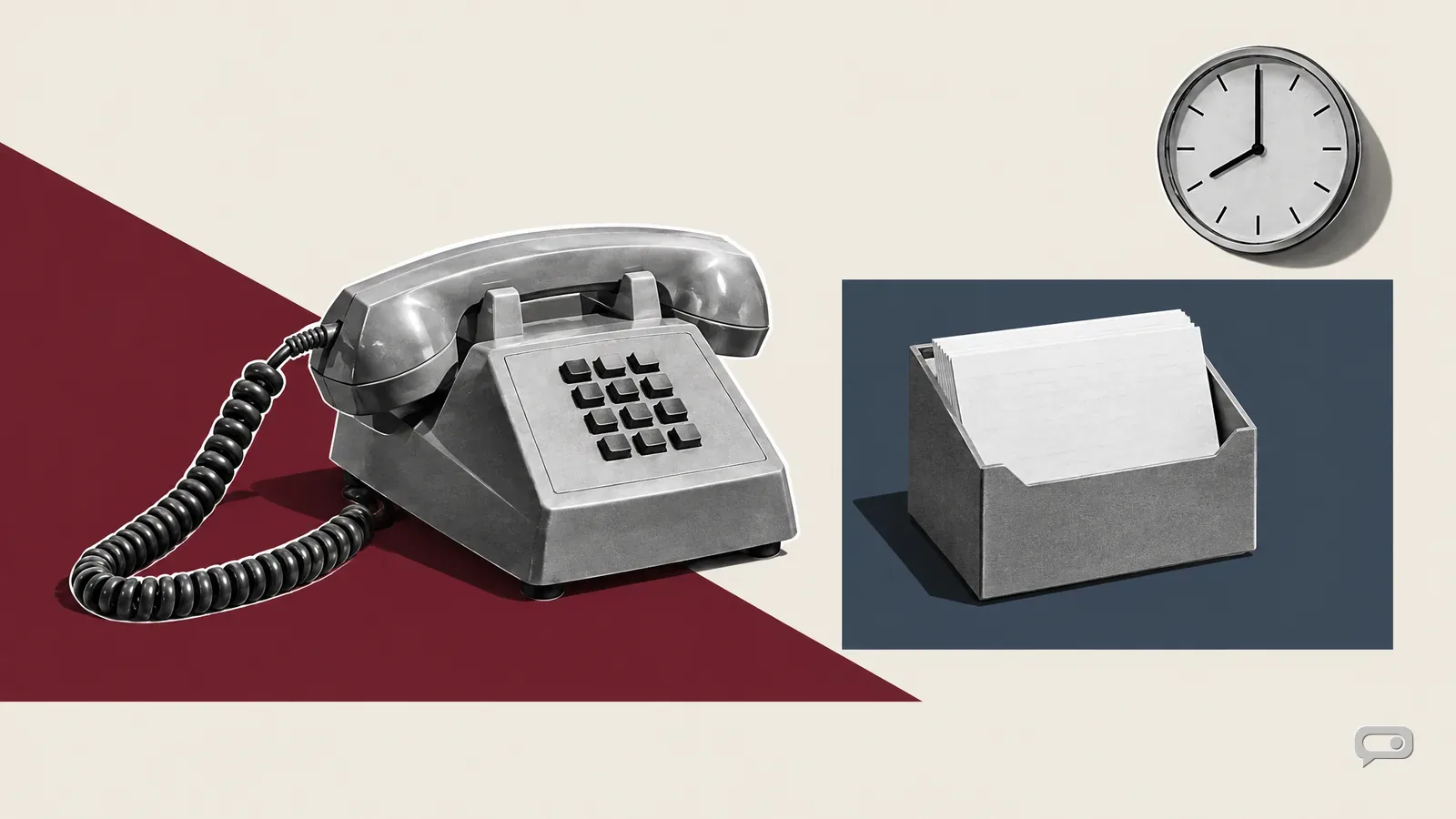 Photomontage of a rotary dial telephone beside a box of blank index cards on putty with an oxblood diagonal and a slate block