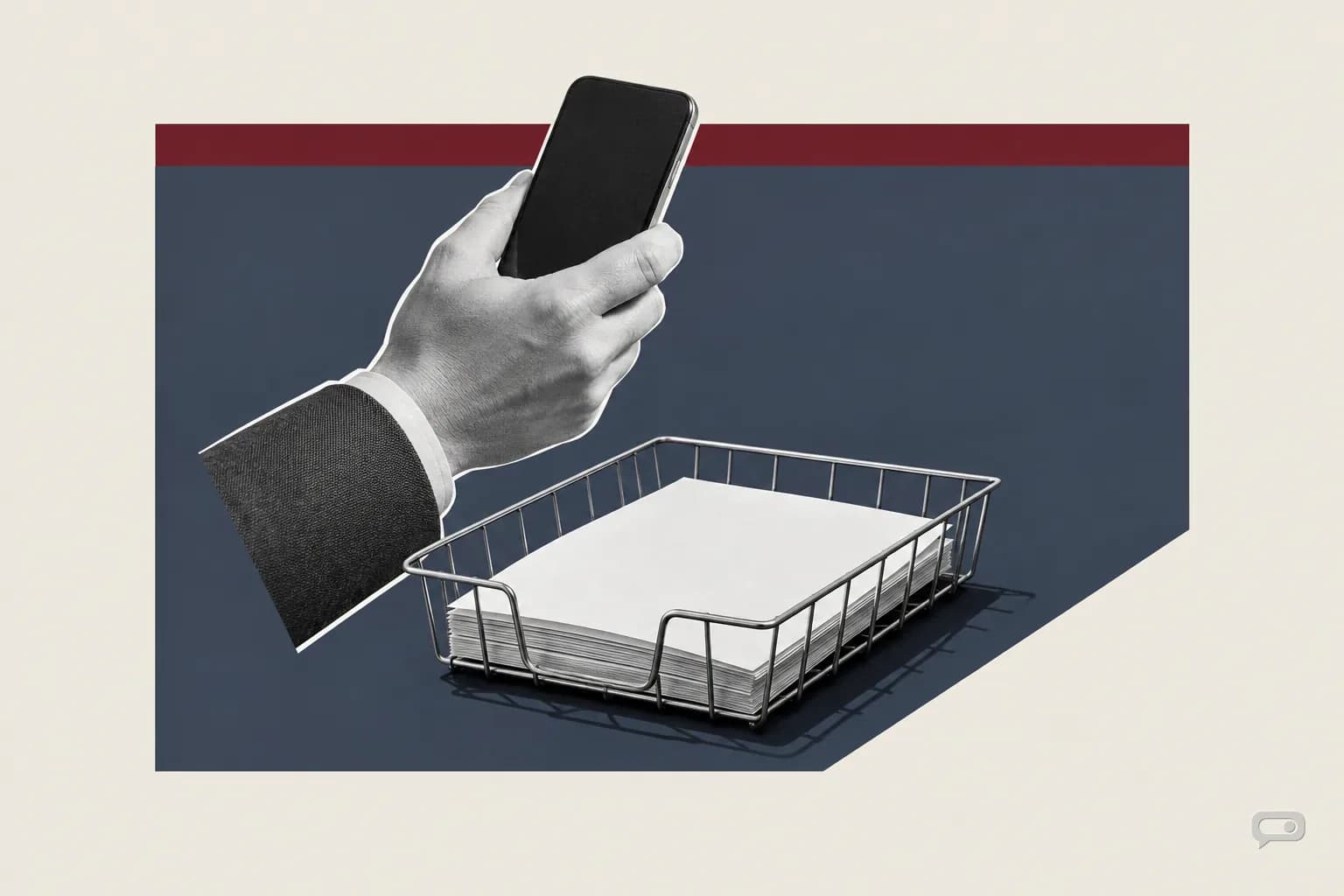 Photomontage of a hand holding a phone from behind above a filing tray on a slate block with a putty diagonal and an oxblood bar
