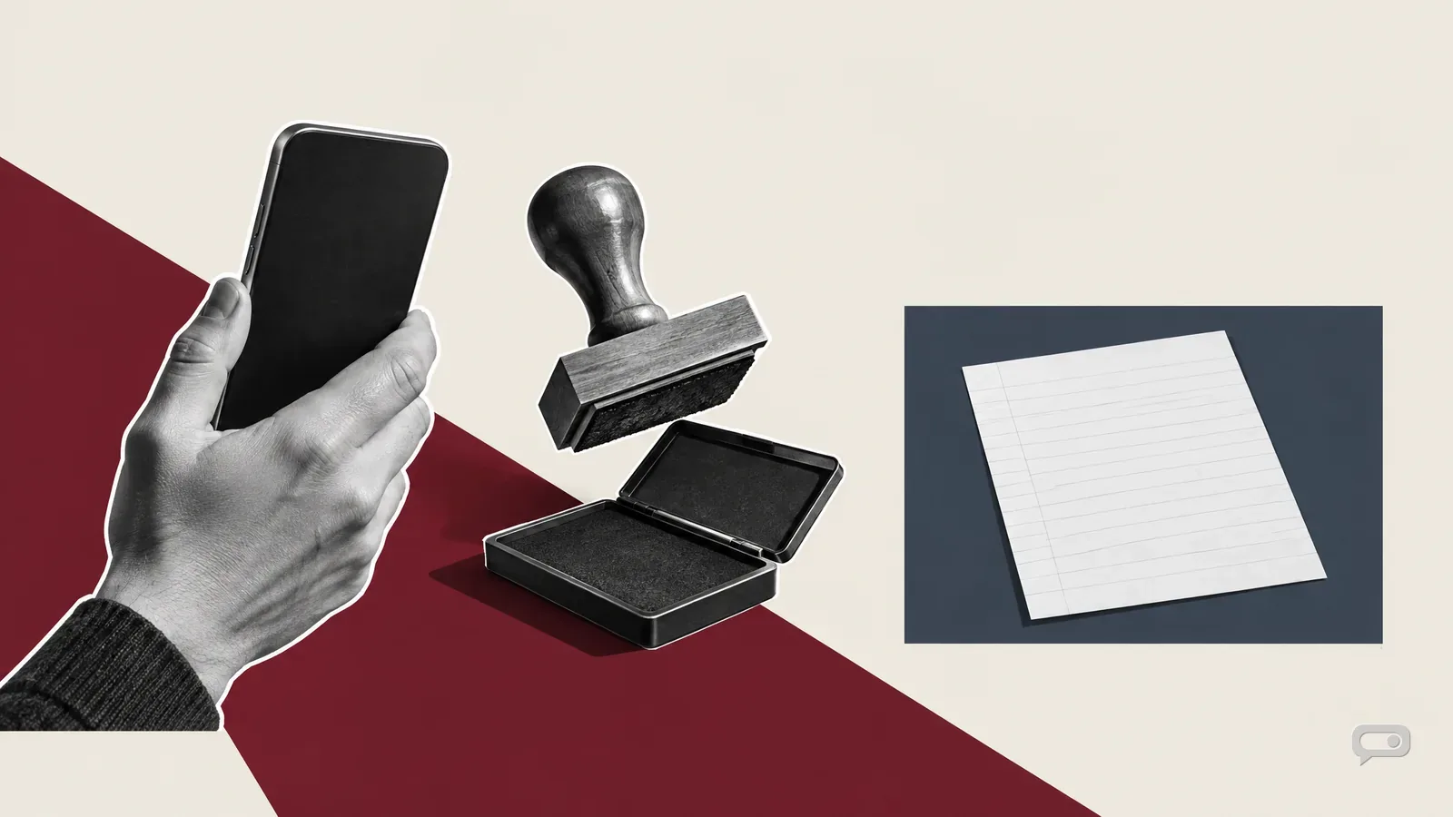 Photomontage of a hand holding a phone from behind beside a rubber stamp and ink pad on putty with an oxblood diagonal and a slate block