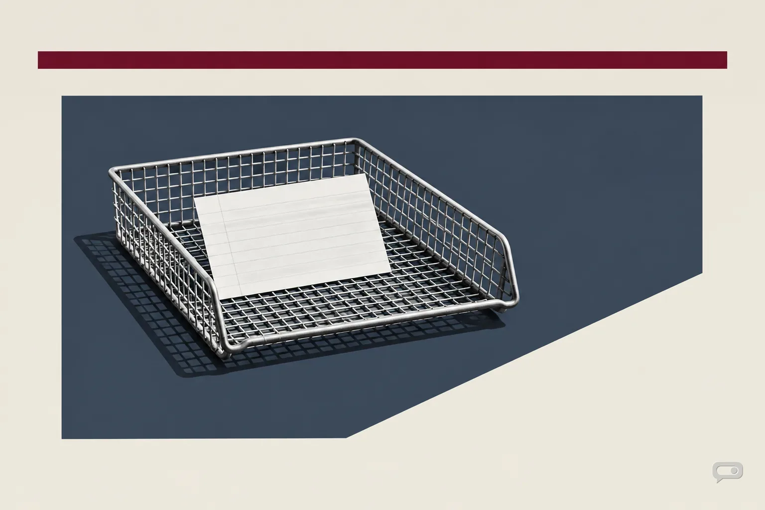 Photomontage of a filing tray with one blank index card in it on a slate block with a putty diagonal and an oxblood bar