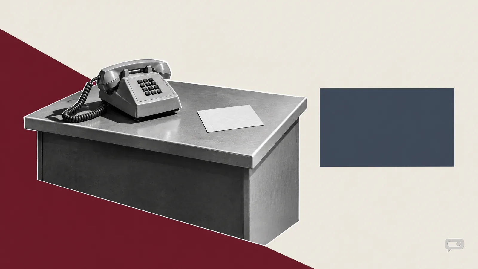 Photomontage of a desk telephone and a blank index card on a shop counter on putty with an oxblood diagonal and a slate block