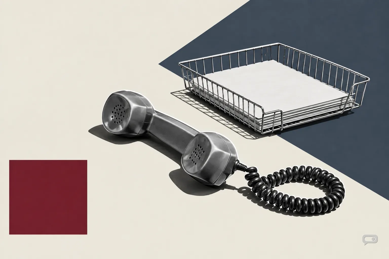 Photomontage of a telephone handset off its cradle beside a filing tray on putty with a slate diagonal and an oxblood square
